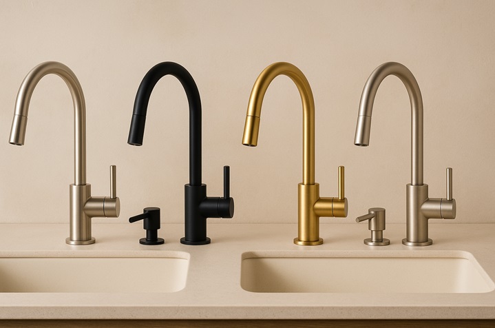 Coordinated finishes for bathroom faucets and soap dispensers on a modern basin